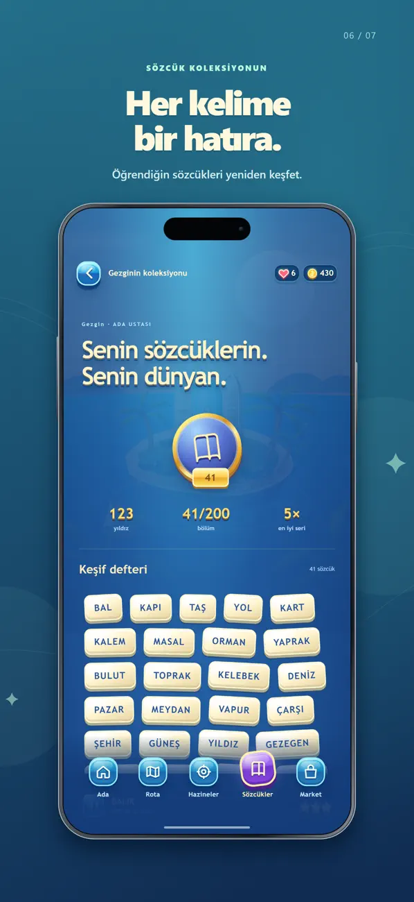 Kelimeler Adaları profil ve koleksiyon ekranı